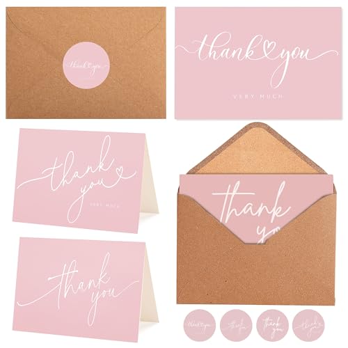 Layneria 100 Bulk Pink Thank You Cards with Kraft Envelopes and stickers - 4 Minimalistic Designs Blank Thank You Notes with Envelopes for business Wedding Bridal Gift Baby Shower Business Graduation - color: Pink and White