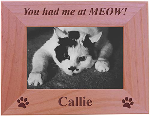 You had me at MEOW! - Custom Engraved Wood Picture Frame - Add your cats name (4x6 Horizontal) - size: 4x6 Horizontal