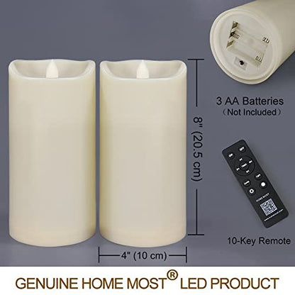 Pack of 2 Large Outdoor LED Pillar Candles 4x8 with Timer and Remote - IP65 Waterproof Battery Operated LED Pillar Candles Ivory Body - Oblique Edge Flickering Flameless Pillar Candles - color: [Pack of 2] 4 X 8 - Ivory Body - Warm White Glow