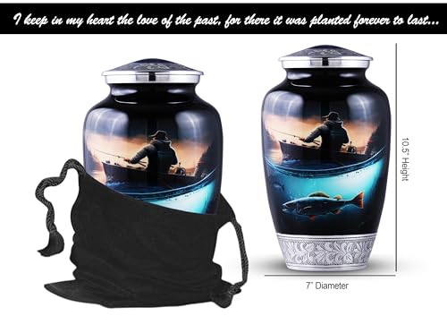 Large Fishing Cremation Urn for Human Ashes Adult – Handmade Funeral Urn for Men & Women, 200 Cubic Inch Memorial Urn, Decorative Burial Urn with Velvet Bag for Loved One.
