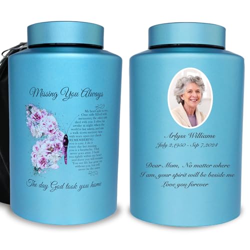 Large Customized Cremation Urns for Human Ashes, Butterfly Pattern | Full Size 220 lbs Capacity, Stainless Steel, Laser Engraving Name & Photo, For Adult Female & Male, Sealing Well & Durable - color: Butterfly-blue, size: Large 220 lbs - Personalized