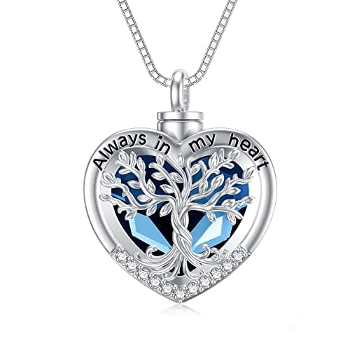 TOUPOP Tree of Life Urn Necklaces for Ashes 925 Sterling Silver Heart Cremation Jewelry Memorial Keepsake Jewelry with Funnel Filler for Women Men - color: B-Heart Tree of Life-Blue Crystal B