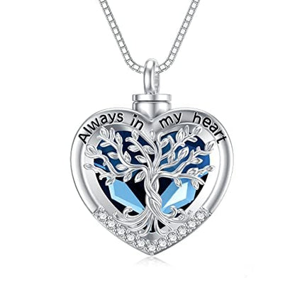 TOUPOP Tree of Life Urn Necklaces for Ashes 925 Sterling Silver Heart Cremation Jewelry Memorial Keepsake Jewelry with Funnel Filler for Women Men - color: B-Heart Tree of Life-Blue Crystal B