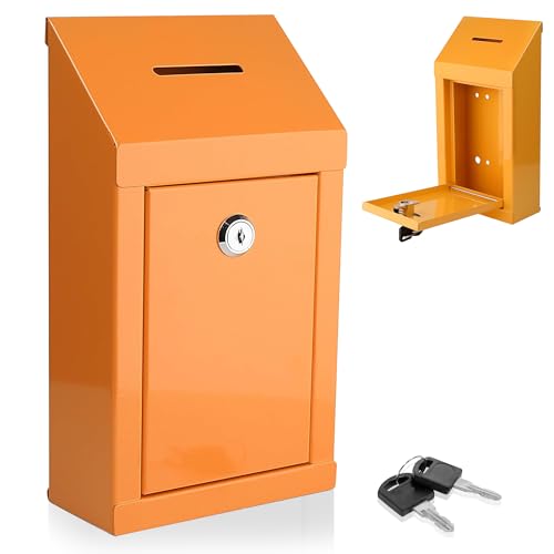Metal Donation Box-Suggestion Box with Slot and lock-Cash Lock box for Money-Secure Drop Box-Comment and ballot voting box-comes with pre-drilled holes for easy wall mounting 10 X 6 X 2.5"(Orange) - color: Orange, size: Wall Mount Box with Lock