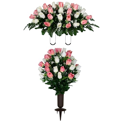 Sympathy Silks Artificial Cemetery Flowers - Gravesite Flowers - Cream Pink Roses - (1) Headstone Flower Saddle & (1) Matching Bouquet (1) Cemetery Vase Included - color: Cream and White Roses, size: (1) Saddle (1) Bouquet (1) Vase