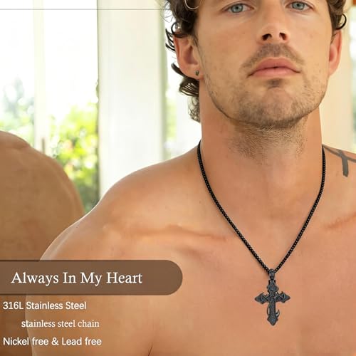 zeqingjw Cross Urn Necklace Fish Hook Cremation Jewelry for Ashes Pendant Stainless Steel Deer Antler Cross Memorial Human Pet Keepsake Ashes Holder for Men Women - color: Z-Black