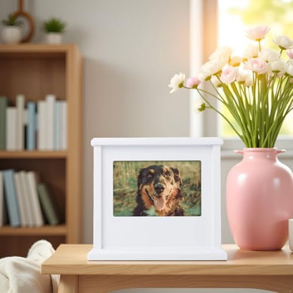 Pearhead Pet Wooden Photo Memory Keepsake Box & Urn, Memorial For Dog & Cat Ashes and Mementos, 4 × 6 Picture Insert, Medium, White