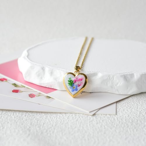 Heart Locket Necklace That Holds Pictures Pressed Flower Photo Locket Pendant Necklace for Girl Women Gift for Her - style: forget me not-gold