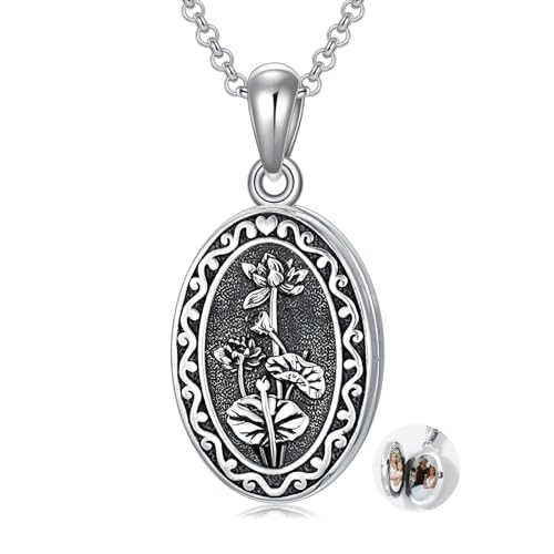 Birth Flower Photo Locket Necklace 925 Sterling Silver 12 Month Locket Necklace with Picture Birth Flower Photo Jewelry Gifts for Women Mother Mom Daughter - color: 07-July-Lotus, style: 1.no custom