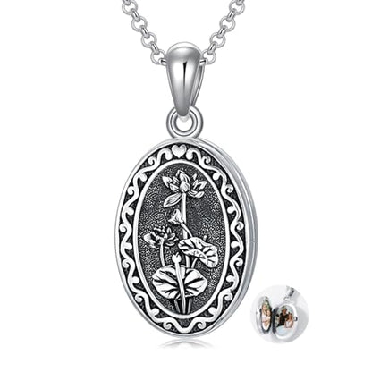 Birth Flower Photo Locket Necklace 925 Sterling Silver 12 Month Locket Necklace with Picture Birth Flower Photo Jewelry Gifts for Women Mother Mom Daughter - color: 07-July-Lotus, style: 1.no custom