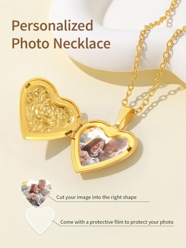 FindChic Locket Necklace for Women Custom Photo Memorial Gifts Multi-Shaped - color: Gold-Embossed Heart