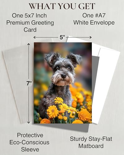 Schnauzer with Yellow Flowers All Occasions Greeting Card from Unique Dogs Party Delights Collection Large 5x7 Inch Blank Inside with Envelope | 5x7 Inch Card, Blank Inside, Premium Silk Cardstock, Made in USA by USA-Based Pet Friendly Small Business, by