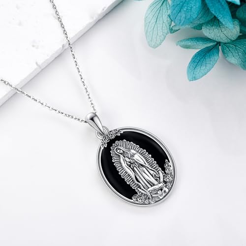 YAFEINI Virgen De Guadalupe Necklace 925 Sterling Silver Mother Mary Necklace Virgencita Jewelry Thanksgiving Day Gifts for Women - style: Black Onyx