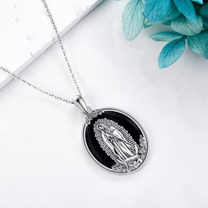YAFEINI Virgen De Guadalupe Necklace 925 Sterling Silver Mother Mary Necklace Virgencita Jewelry Thanksgiving Day Gifts for Women - style: Black Onyx