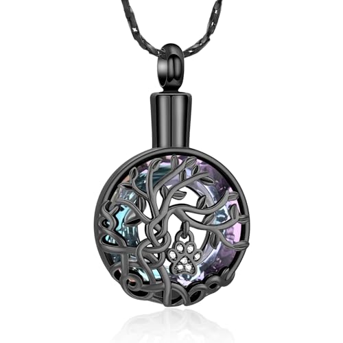 Imrsanl Tree of Life Urn Necklace for Ashes Paw Print Circle of Life Cremation Jewelry Keepsake Pendant Memorial Pet Ashes Holder for Women Men - color: Black-Purple