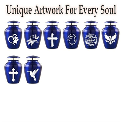 Customized Small Urns for Human Ashes Set of 4, Blue Keepsake Cremation Urns with Personalized Engraving, Guardian Elephant Design, Velvet Pouches & Gift Box