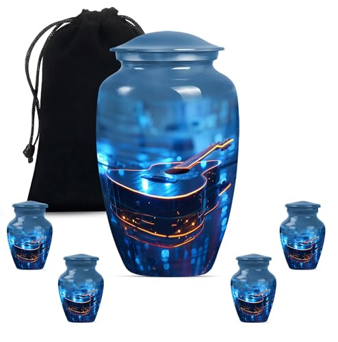 Guitar Urn - Funeral Urn Human Ashes - Urns for Ashes Male - Ashes Urns Human Remains - 1 Large Urn with Velvet Bag and 4 Small - Small Decorative Urn with Large Urns for Male & Female - color: Guitar Urn-6, size: 1 Large Urn(10inch)+4 Keepsake(3inch)