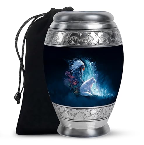 Native American Cremation Urns for Human Ashes - Blue Urns for Ashes Adult Mom and Dad 10 Inch - Adults Black Urn for Daughter and Sister - Fox Cremains Urn for Human Ash - color: Native American-4, size: 10-inch