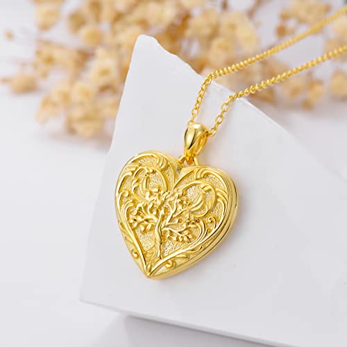 SOULMEET Personalized Tree of Life/Palm Tree Heart Locket Sterling Silver Necklace That Holds 1 or 2 Pictures Memorial Vintage Photo Locket Custom Any Photo Healing Gift - style: D2-Gold tree locket+photo
