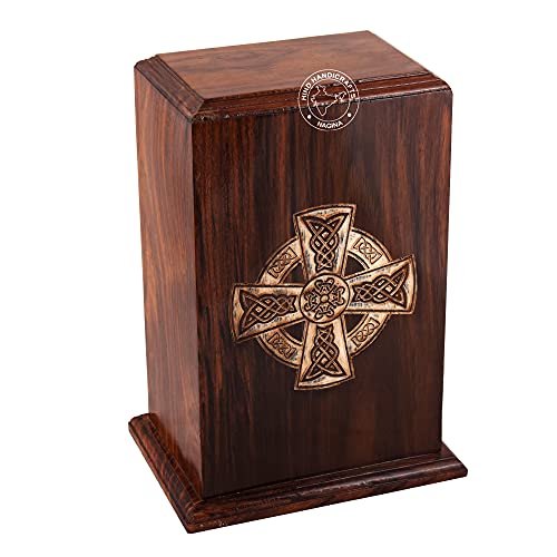 Rosewood Wooden Cremation Urn for Human Ashes – Handcrafted Adult Funeral Ash Storage Box – Celtic Cross Design – 250 Cubic Inch Burial Memorial Urn - color: Celtic Cross