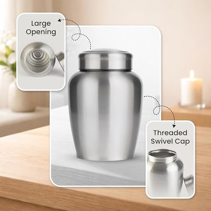 Stainless Steel Silver Urn for Ashes Adult Male & Female, Cremation urns for Human Ashes Man & Women, Set of 3 Includes 1 Large Urn & 1 Silver & Black Cross Necklace - color: Stainless Steel Urn - Single Urn