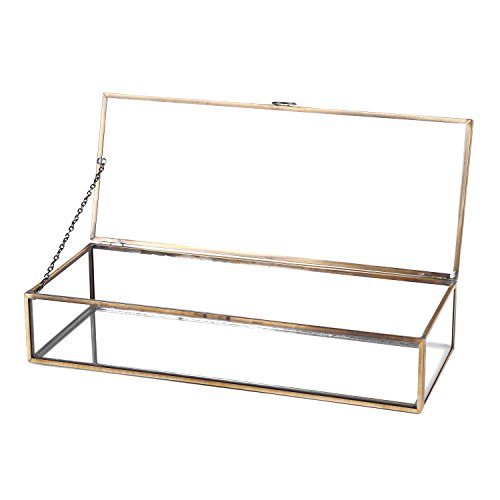 MyGift Glass Jewelry Box, Vintage Style Brass Metal & Clear Glass Mirrored Shadow Box Jewelry Display Case with Hinged Top Lid - color: Brass