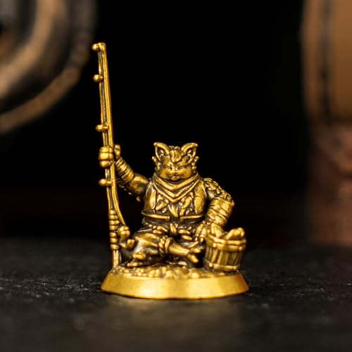 100% Solid Brass Fishing Cat Statue - Handcrafted Vintage Cat Figurine with Fishing Rod, Whimsical Desk Decor for Office & Home, Unique Gift for Animal Lovers & Anglers - style: Fishing cat
