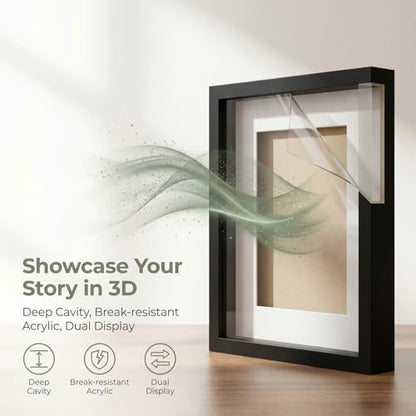 Black Shadow Box Frame, 1.2 Inch Deep MDF Wood Shadow Box with Acrylic (Not Glass), Wall Mount & Tabletop Display Case for Photos Dried Flowers Medals Memorial Keepsakes Crafts (Black, A4) - size: A4