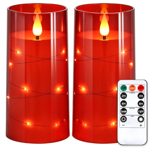 NURADA Flickering Flameless Candles: Built-in Star String Lights Battery Operated LED Pillar Candles with Remote and Timer Romantic Decorations for Wedding Party Christmas Halloween - Red 2 Pack - color: Red, size: 6-6 inches