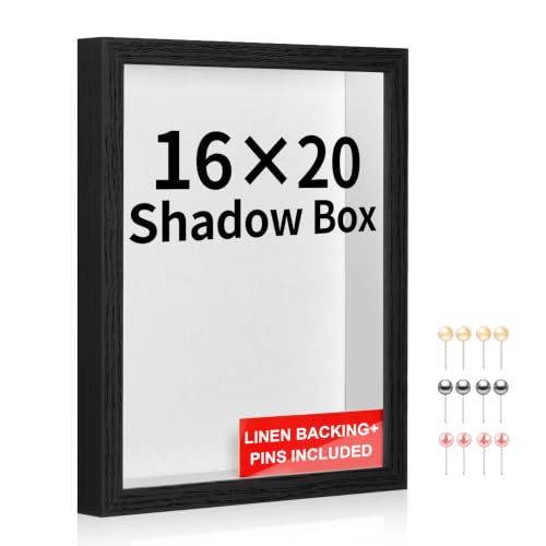 16x20 Large Shadow Box Frame with Thickened Acrylic Panel & Pins | With Linen Back, Upgraded 1.7" Deep Black Shadow Box Display Case – Display on Tabletop or Wall for Jersey,weddings, Keepsake - color: Black + Thickened Panel + Foam Packaging, size: 16x20
