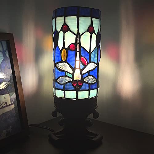 Small Tiffany Table Lamp Blue Dragonfly Style Mini Stained Glass - color: Navy Blue Dragonfly Style