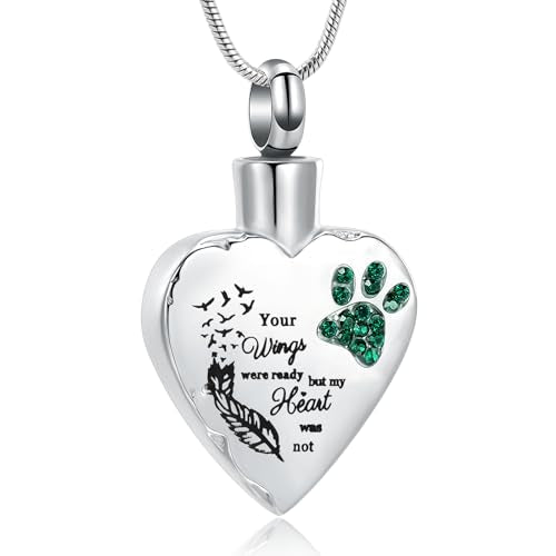 memorial jewelry Your Wings were Ready, But My Heart was Not Stainless Steel Carved Locket Cremation Urn Necklace for Pet Dog Cats - color: Your Wings-Green