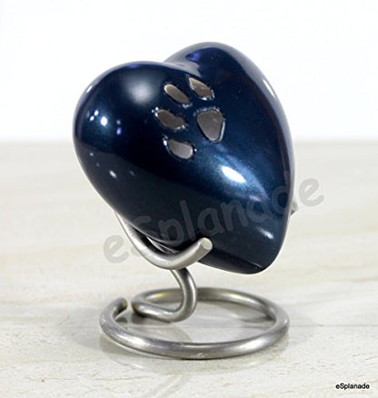 eSplanade Brass Mini Cremation Heart-Shaped Keepsake Memorial Jar Pot Container | Small Urn for Funeral Ashes Burial | Paws Engraved Metal Keepsake with Stand | Dark Blue - 2.75" Inches