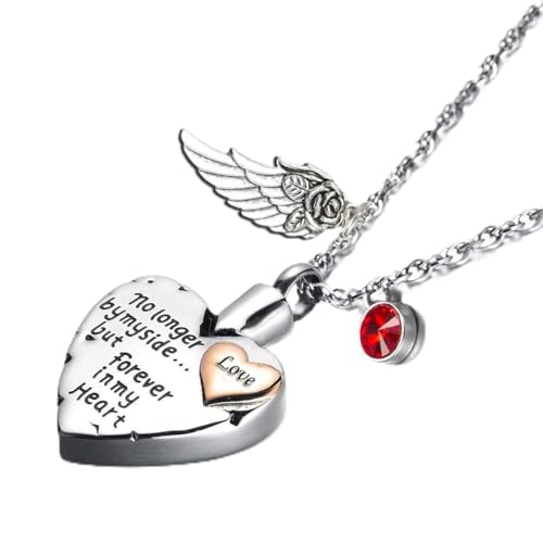 PREKIAR Heart Cremation Urn Necklace for Ashes Angel Wing Jewelry Memorial Pendant and 12 PCS Birthstones No Longer by My Side But Forever in My Heart - color: Love