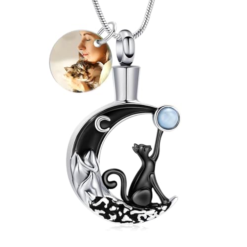 zeqingjw Cat Moon Cremation Necklace for Ashes Pet Ashes Keepsake Urn Jewelry for Ashes Stainless Steel Pet Urn Pendant Memorial Gift for Loved Ones - color: Photo Customization