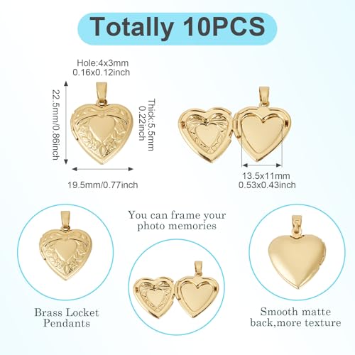 Beadthoven 10pcs Real 18K Gold Plated Heart Locket Pendants Engraved Heart with Bow Knot Flowers Photo Frame Charms Photo Holder Memory Locket Pendants for DIY Necklace Jewelry Making - color: Gold-Heart with Bow Knot