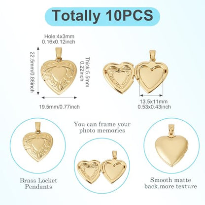 Beadthoven 10pcs Real 18K Gold Plated Heart Locket Pendants Engraved Heart with Bow Knot Flowers Photo Frame Charms Photo Holder Memory Locket Pendants for DIY Necklace Jewelry Making - color: Gold-Heart with Bow Knot