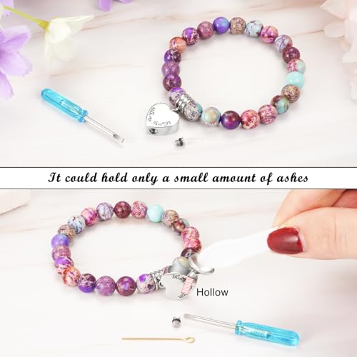 XIUDA Heart Cremation Memorial Urn Bracelet 316L Stainless Steel Keepsake Jewelry Urn Bracelet for Ashes for Women-With Me Always - style: Purple Emperor Stone