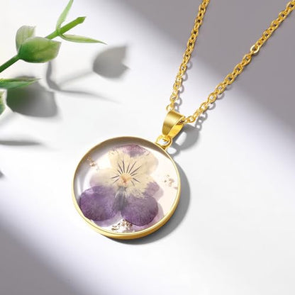 AUNTESIGN Forget-Me-Not and Queen Anne's Lace Pressed Wildflower Necklace | Birth Month Flowers Necklace | Gold/Silver Pressed Flower Jewelry | Mother's Day | Gift For Her - color: Pansy Necklace(February Birth Flower)
