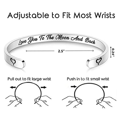 TONY & SANDY Inspirational Bracelets for Women Teen Girls Personalized Gifts for Daughter Granddaughter Mom Sister Friends Stainless Steel Engraved Cuff Birthday Easter Christmas - style: A - Love you to the moon and back