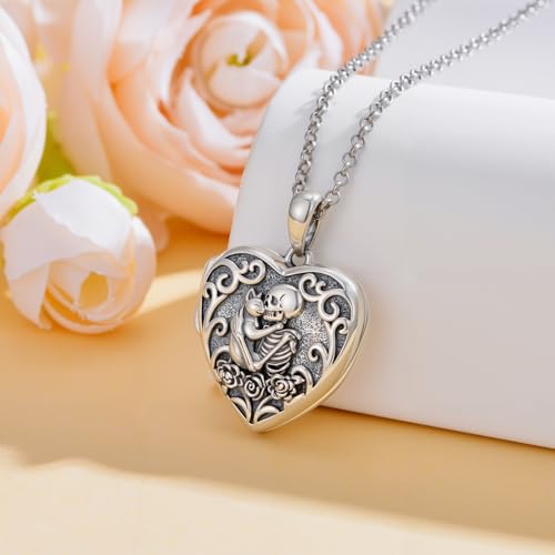 Personalized Heart Locket Necklace That Holds Pictures 925 Sterling Silver Custom Photo Lockets Necklaces Jewelry Gifts for Family Women Lover - color: Cat and Skull, style: Locket Only
