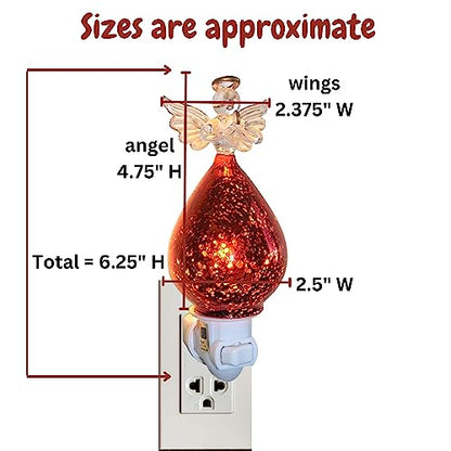Angel Night Light – Praying Angel with Red Mercury Glass Dress, Gold Halo & Wings Accent, Plug-in Religious Nightlight for Bedroom, Nursery, Memorial Gift, Christmas Décor – 6.25 Inch