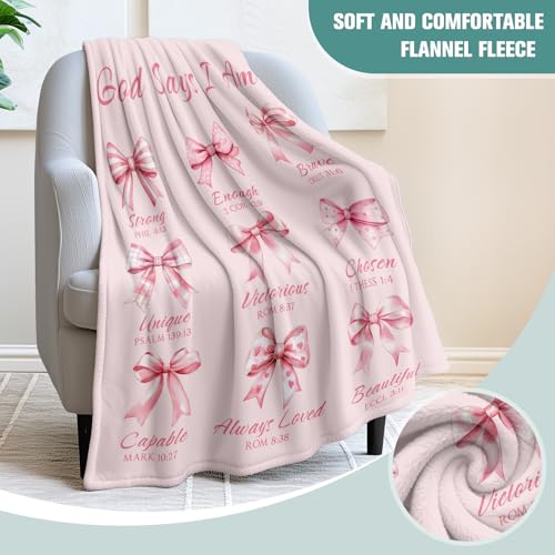 Jekeno Christian Gifts Blanket God Says I Am Pink Bow Scripture Blanket | 50x60 Inch Flannel Christian Blanket Gifts For Christmas Birthday Easter Women Girls - color: God Says I Am, size: 50x60 Inch