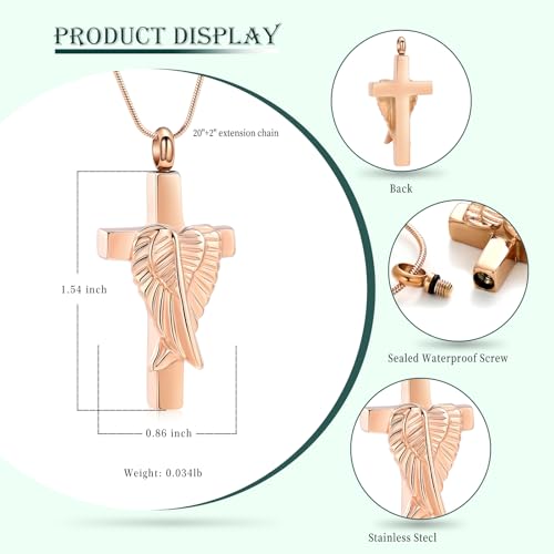 Cross Cremation Jewelry Urn Necklaces Cross Angel Wings Urn Necklaces for Ashes Memorial Keepsake Pendant for Women Men Gifts With Funnel Kit & Bag - color: Rose