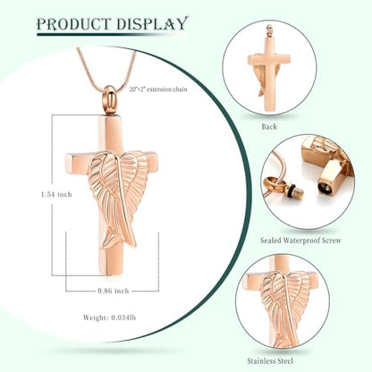 Cross Cremation Jewelry Urn Necklaces Cross Angel Wings Urn Necklaces for Ashes Memorial Keepsake Pendant for Women Men Gifts With Funnel Kit & Bag - color: Rose