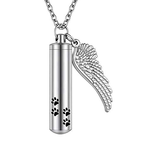 abooxiu Cylinder Cremation Necklace for Pet Ashes Urn Necklace with Angel Wing Pet Paw Ashes Necklace for Dog/Cat Pet Memorial Keepsake Jewelry - color: Silver-L