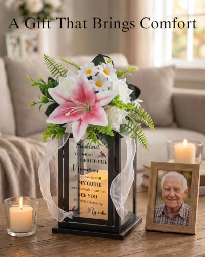 Memorial Lantern with Flower, Sympathy Gift for Loss of Husband, Bereavement Condolence Gift in Memory of Beloved Husband - color: Husband/Black