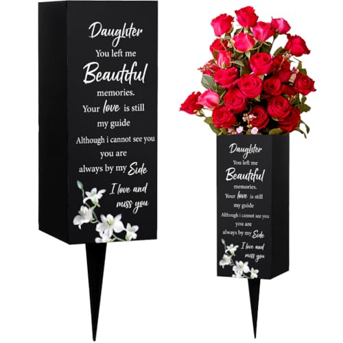 WEBEEDY Lily Flower Daughter Memorial Vase Grave Vases with Spike, Metal Cemetery Decorations for Grave, Garden, Yard, Sympathy Memorial Gifts Memorial Day for Loss of Daughter, 1pc, 3.1x7.9 Inch - color: In Memory of My Daughter