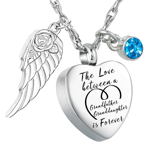 Gredstar Heart Urn Necklace for Ashes, Cremation Keepsake Pendant | Family Message Engraving, 12 Birthstones, Angel Wing Charm, Secure Screw Closure, Filling Kit Included, Stainless Steel