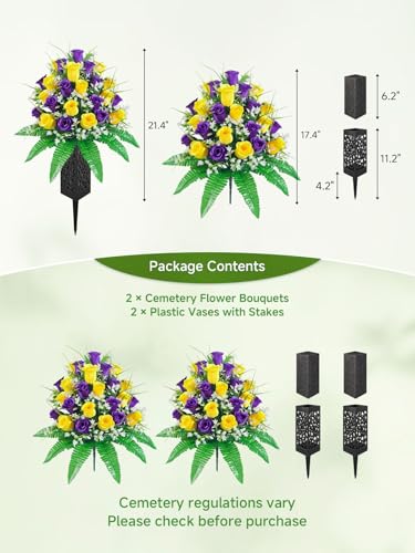 Mirevielyn 2-Pack 24-Stem Artificial Rose Cemetery Flowers with Vases - color: Yellow & Purple